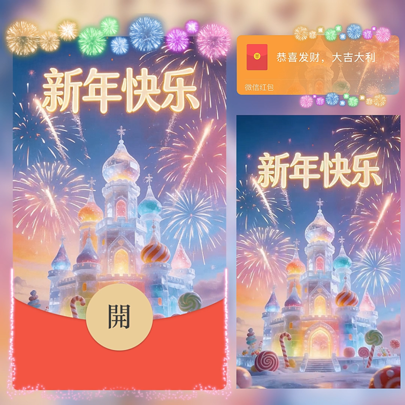 [微信红包封面每日推荐] 冰雕彩色新年快乐烟花