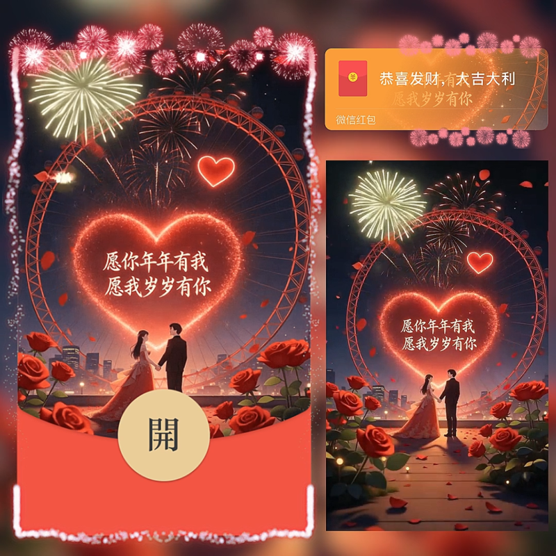 [微信红包封面每日推荐] 愿你年年有我爱心烟花/情人节快乐